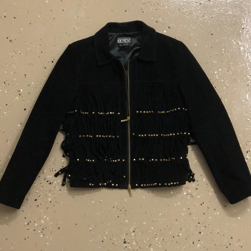 Black suede fringed w gold bead short jacket